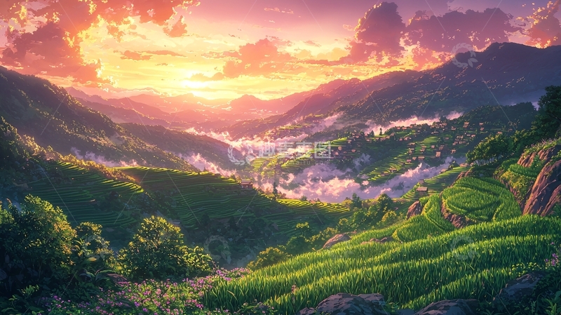高清大图下载【趣麦麦图】日出山峦田园风光