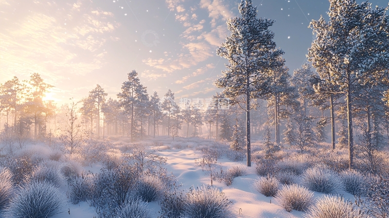 高清大图下载【趣麦麦图】冬日雪景森林日出