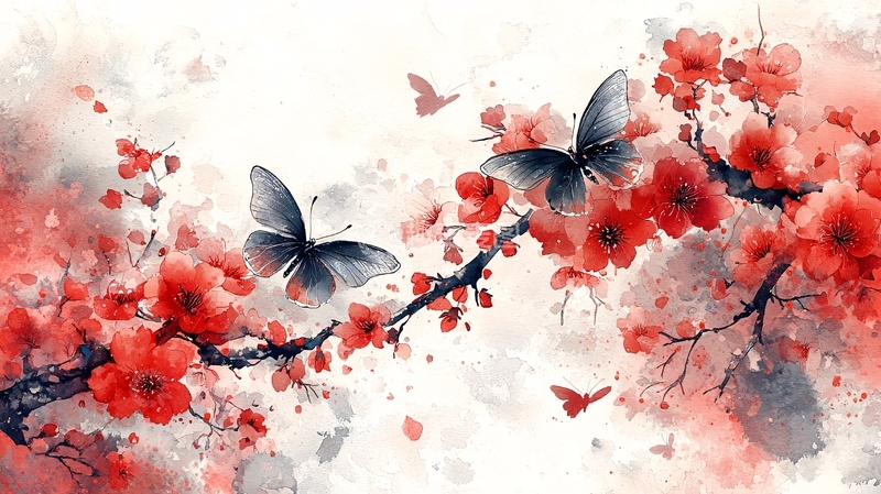 高清大图下载【趣麦麦图】水墨红梅蝴蝶图
