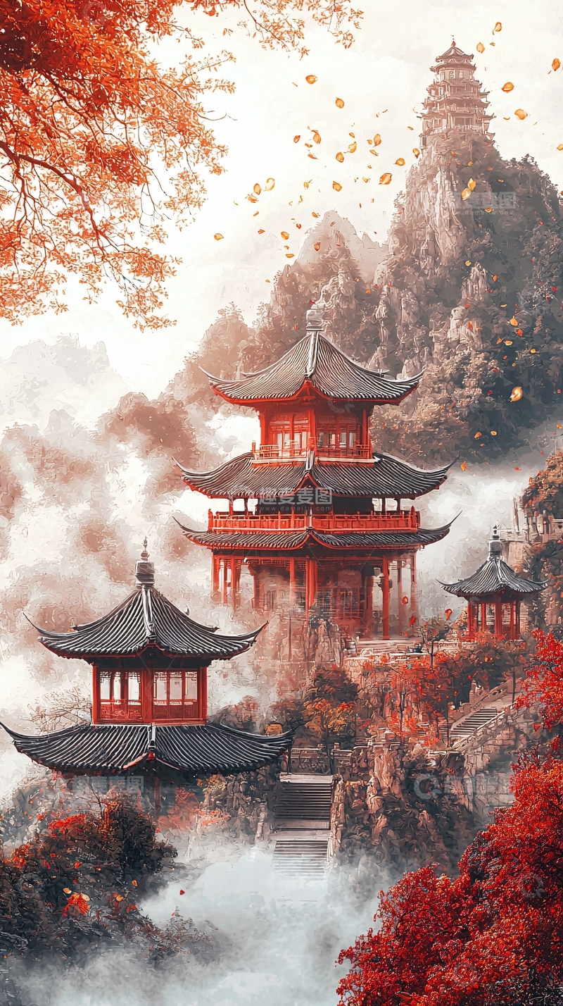 高清大图下载【趣麦麦图】红枫古寺山峦仙境