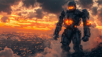 巨型机器人日落城市背景