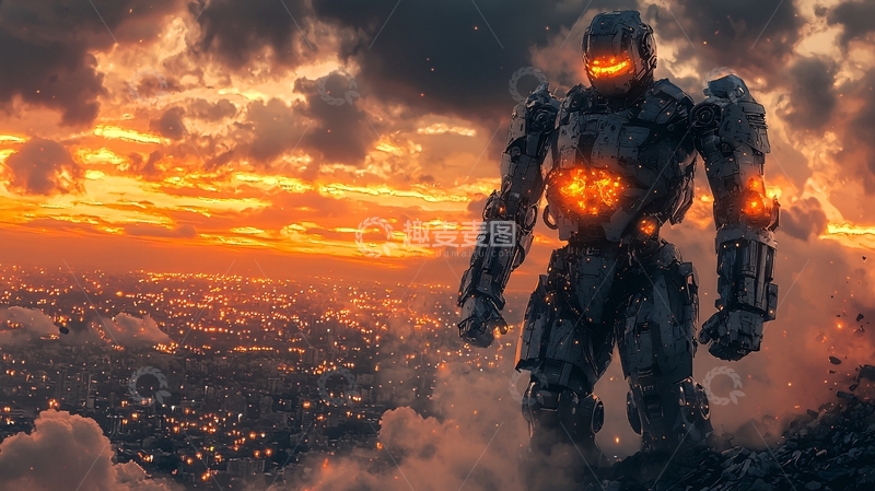 高清大图下载【趣麦麦图】巨型机器人日落城市背景