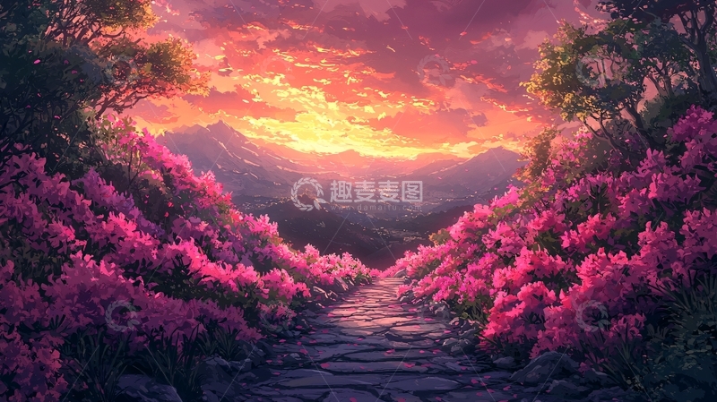 高清大图下载【趣麦麦图】紫粉色花卉山间小路