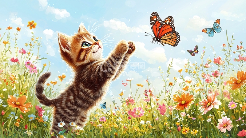 高清大图下载【趣麦麦图】小猫追逐蝴蝶花海