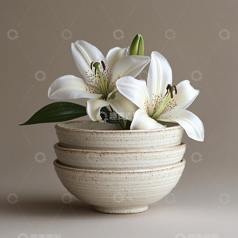高清大图下载【趣麦麦图】白色百合花与米色陶碗
