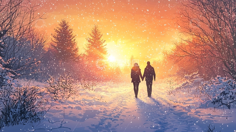 高清大图下载【趣麦麦图】雪中漫步的情侣剪影