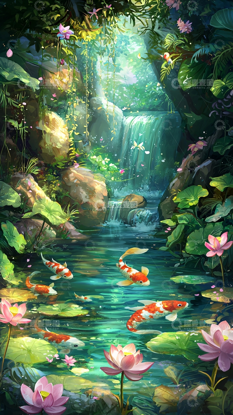 高清大图下载【趣麦麦图】梦幻森林瀑布鲤鱼池塘