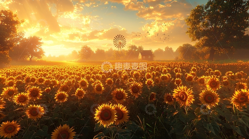 高清大图下载【趣麦麦图】金黄向日葵田园日出
