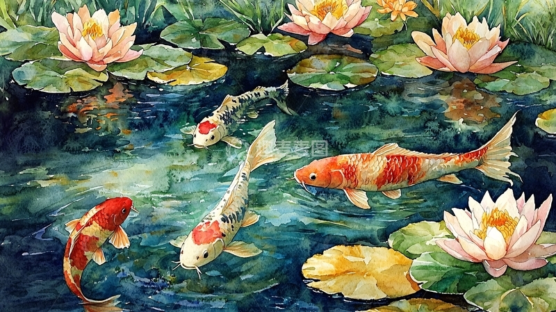 高清大图下载【趣麦麦图】水彩画荷花鲤鱼