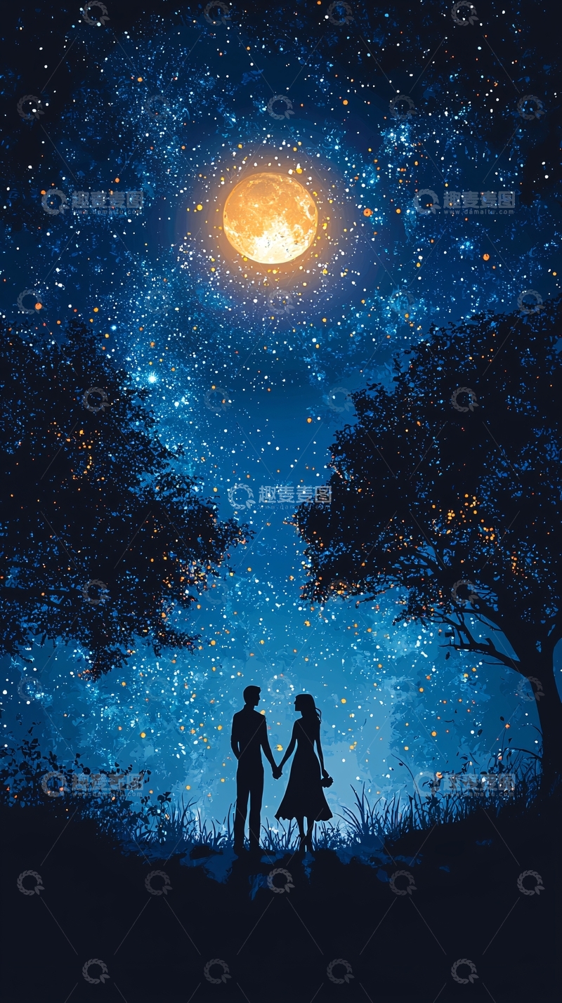 高清大图下载【趣麦麦图】浪漫星空下的情侣剪影