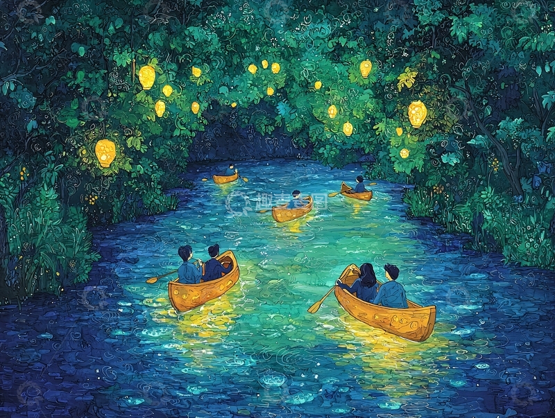 高清大图下载【趣麦麦图】夜间泛舟萤火点点