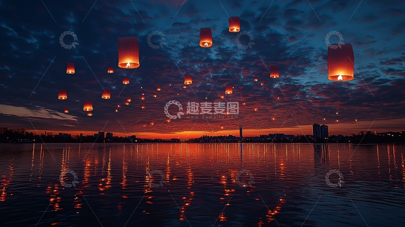 高清大图下载【趣麦麦图】夜晚湖面孔明灯升空