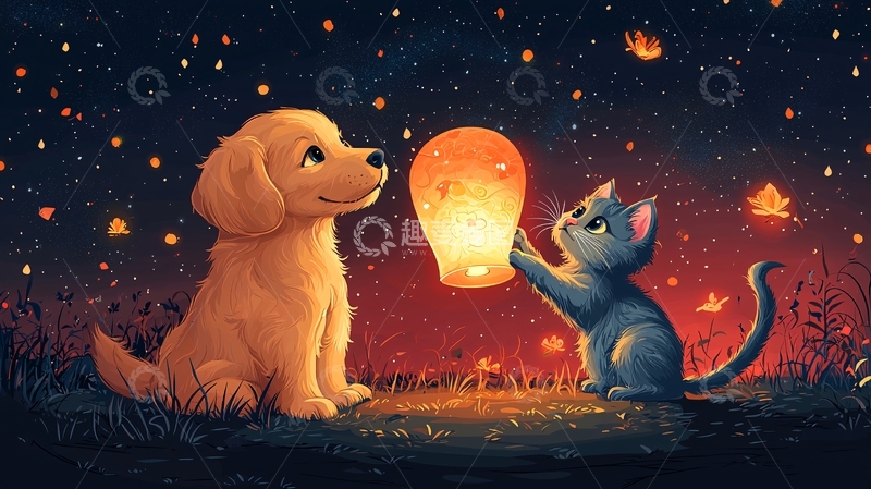 高清大图下载【趣麦麦图】-小狗小猫星空许愿灯