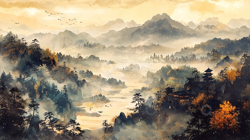 高清大图下载【趣麦麦图】水墨山水雾气缭绕