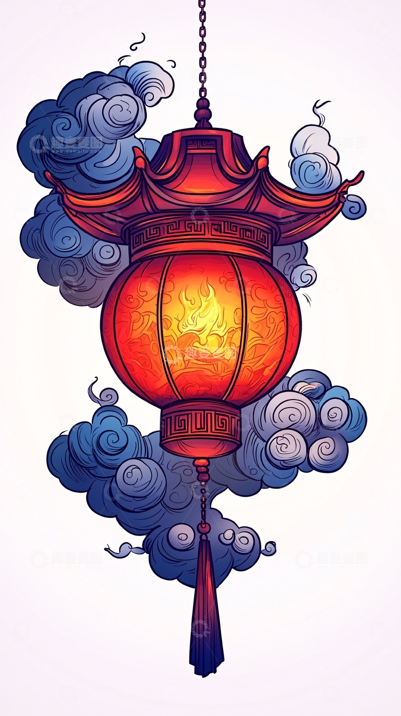 高清大图下载【趣麦麦图】红色灯笼悬挂在云雾中