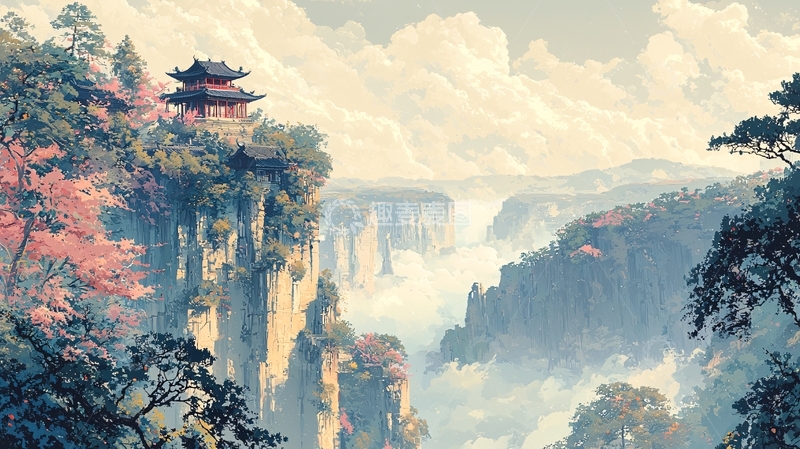 高清大图下载【趣麦麦图】仙境般山崖上的古建筑