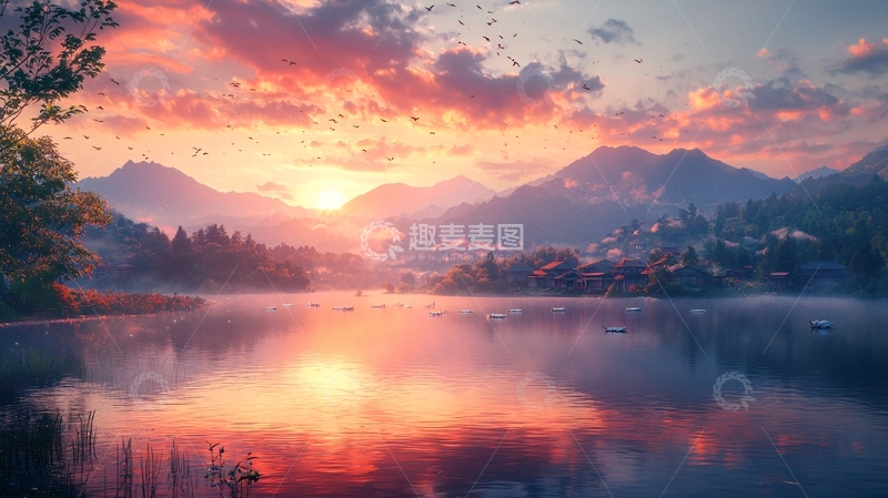 高清大图下载【趣麦麦图】梦幻般日落湖光山色
