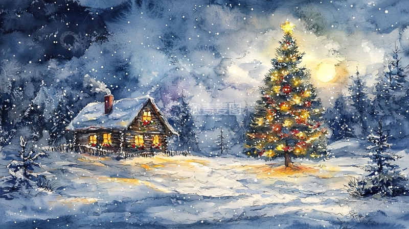 高清大图下载【趣麦麦图】冬夜小屋圣诞树雪景