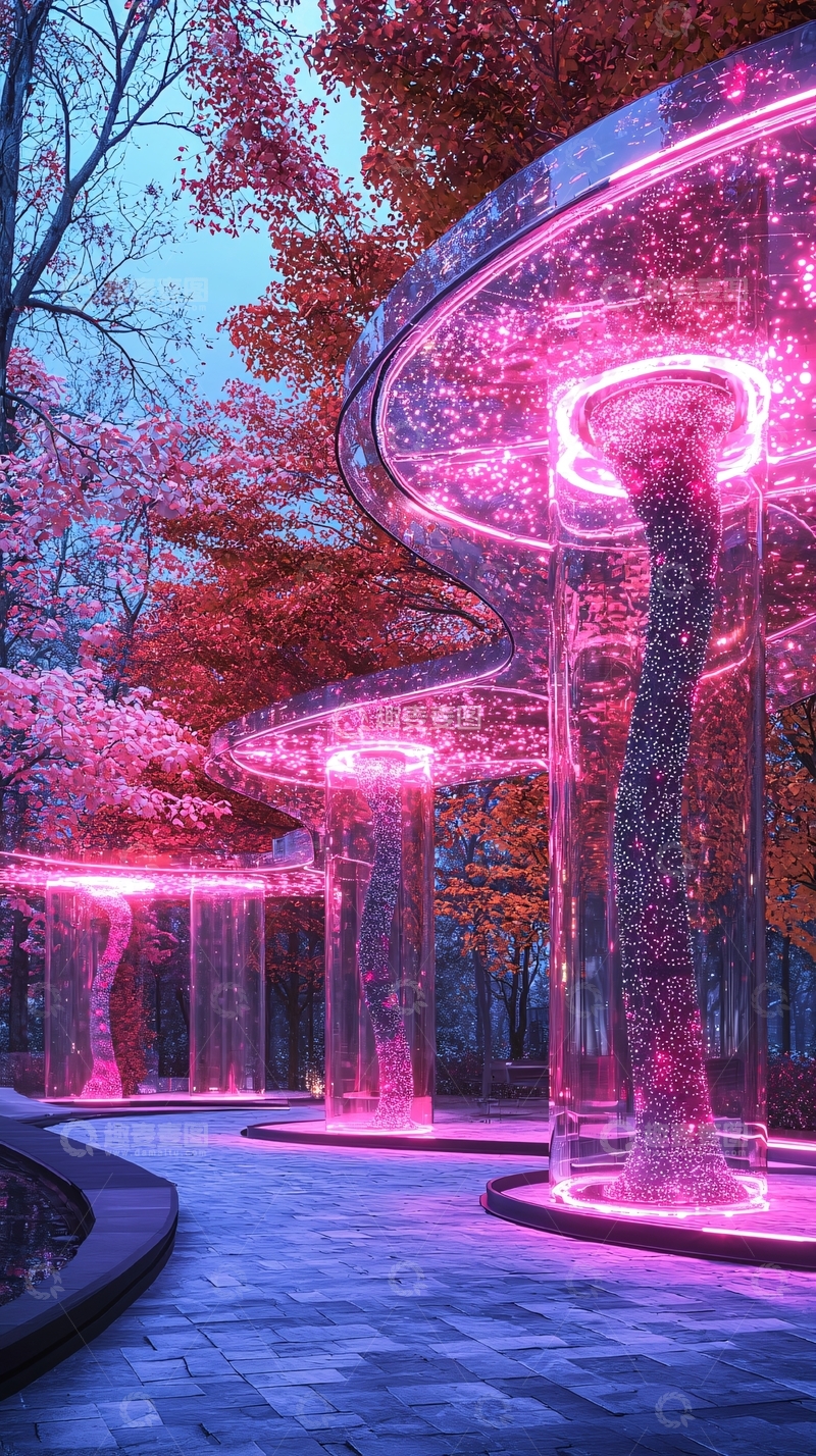 高清大图下载【趣麦麦图】-梦幻粉色灯光森林