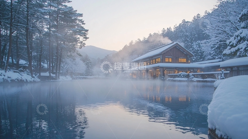高清大图下载【趣麦麦图】雪景温泉木屋
