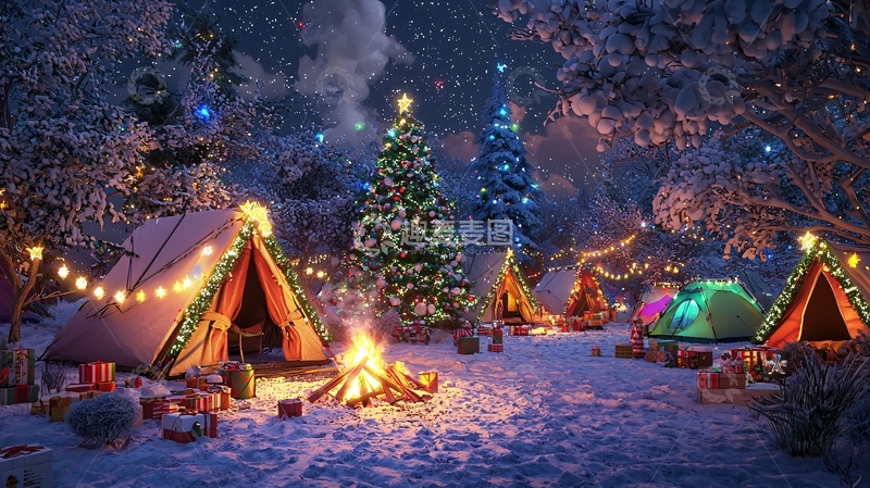 高清大图下载【趣麦麦图】冬夜圣诞营地篝火
