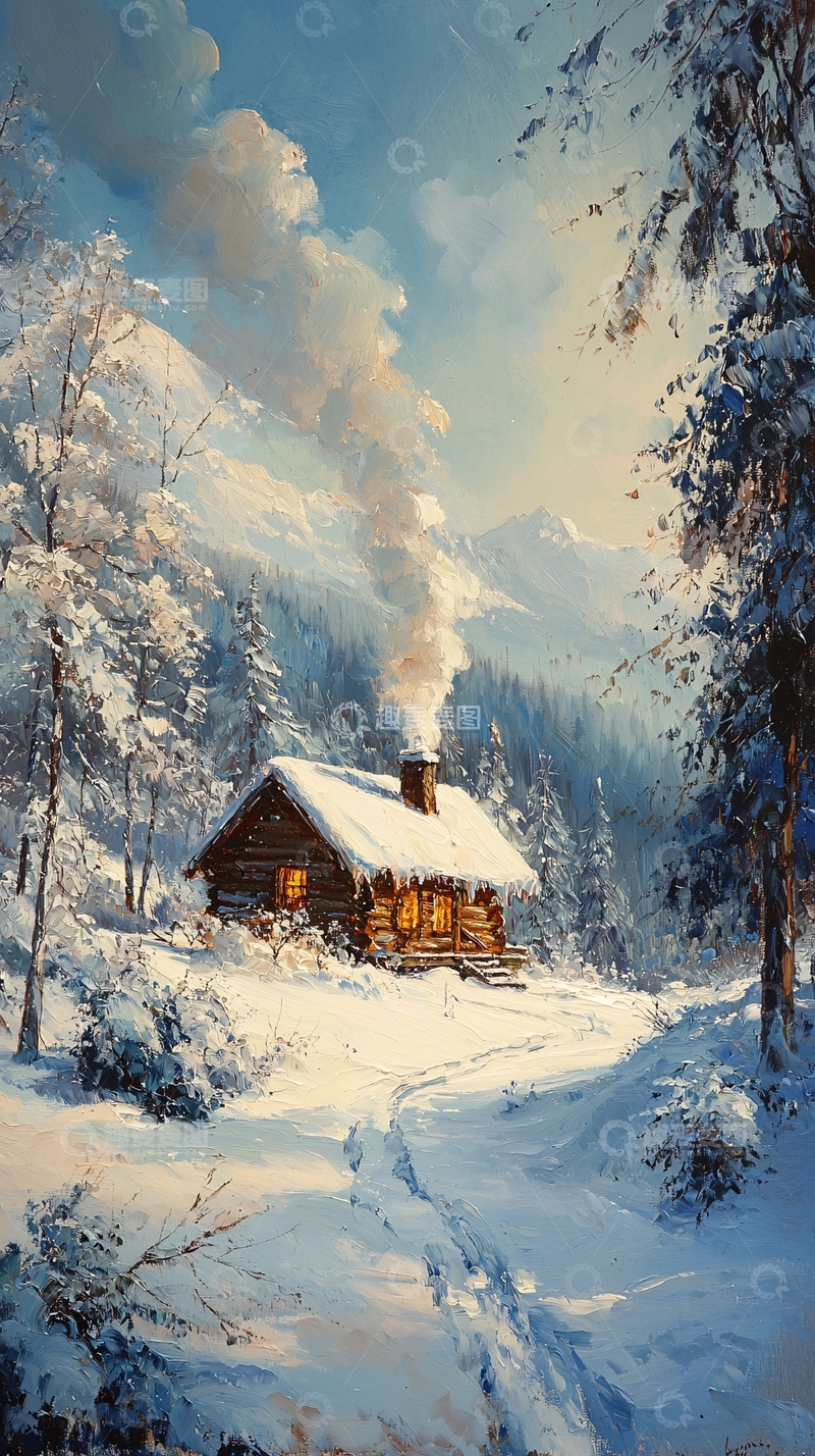高清大图下载【趣麦麦图】雪山木屋冬日暖阳