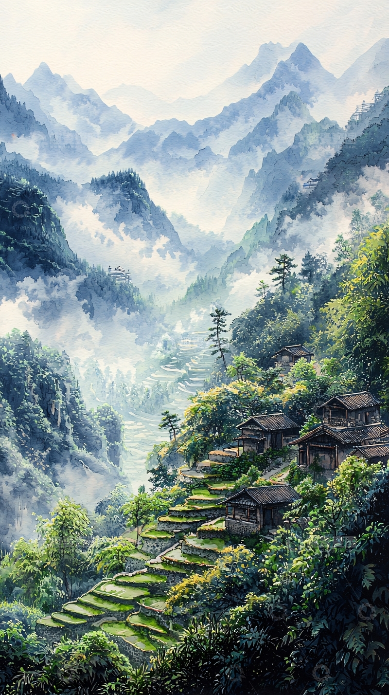 高清大图下载【趣麦麦图】山村梯田云海仙境