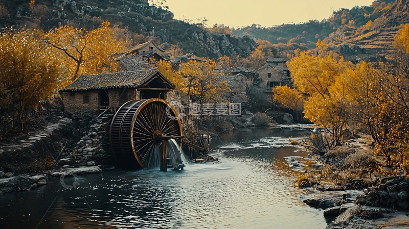 高清大图下载【趣麦麦图】秋日山间古老水车