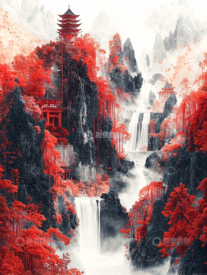 高清大图下载【趣麦麦图】红枫山涧瀑布古塔