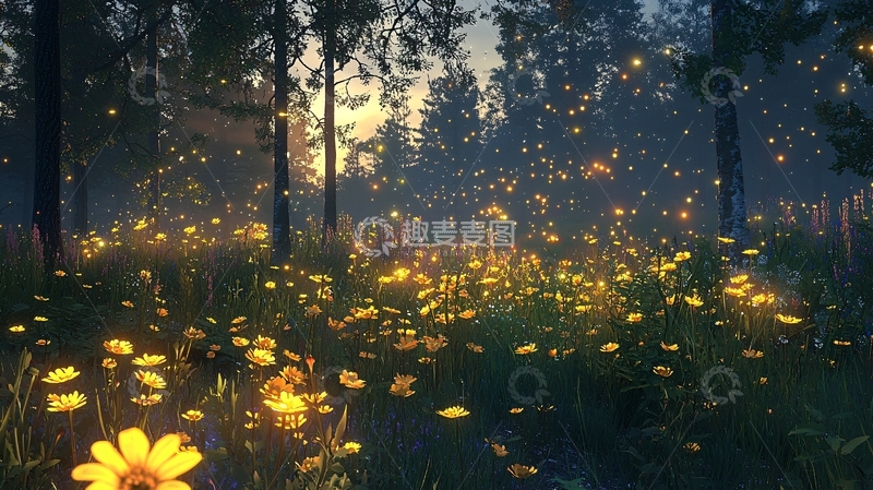 高清大图下载【趣麦麦图】森林中的萤火虫和鲜花