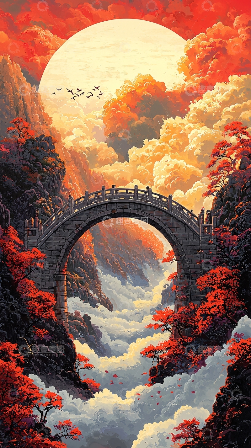 高清大图下载【趣麦麦图】红日山谷古桥仙境