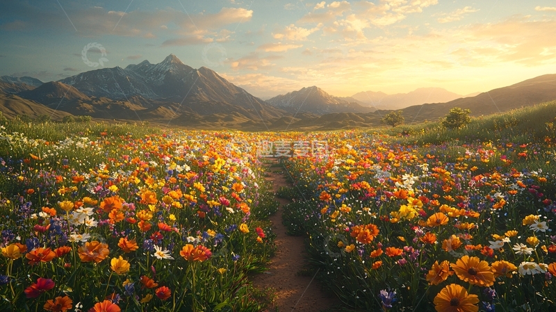 高清大图下载【趣麦麦图】落日余晖下的彩色花田