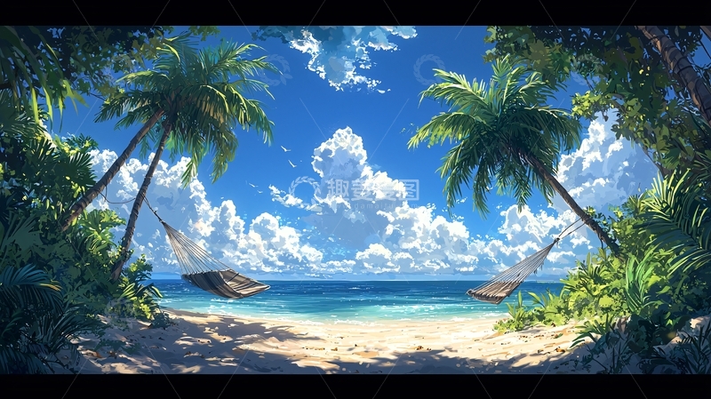 高清大图下载【趣麦麦图】热带海滩上的吊床风景