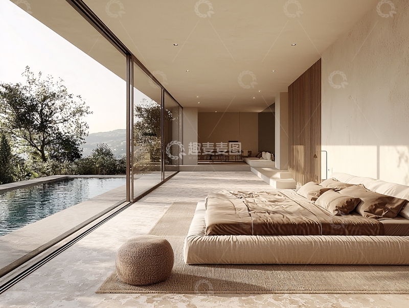 高清大图下载【趣麦麦图】极简风卧室落地窗泳池景观