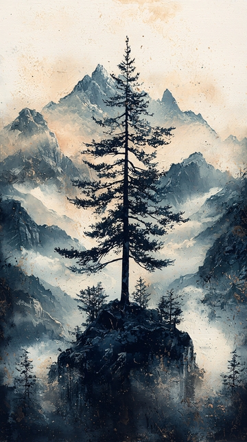 极简山峰孤树风景画