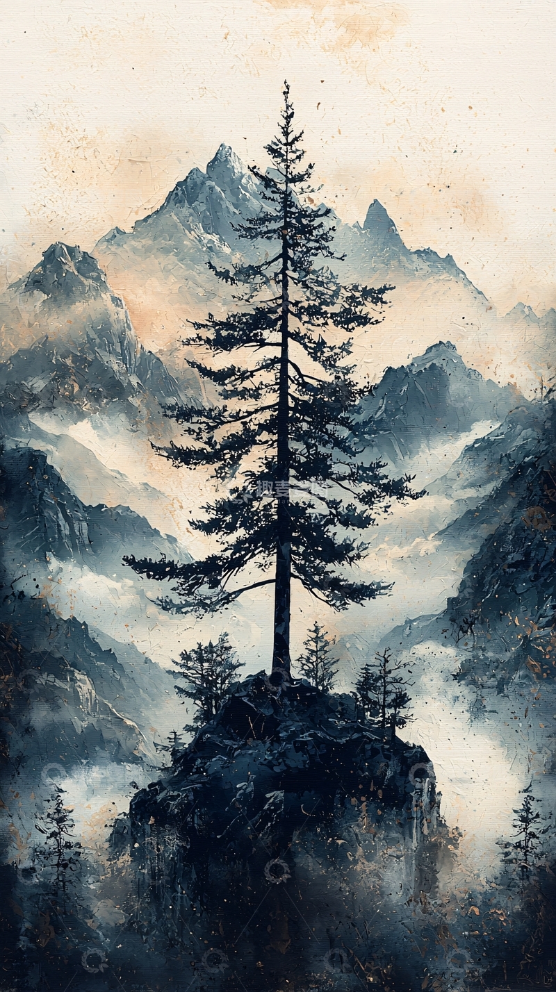 高清大图下载【趣麦麦图】极简山峰孤树风景画