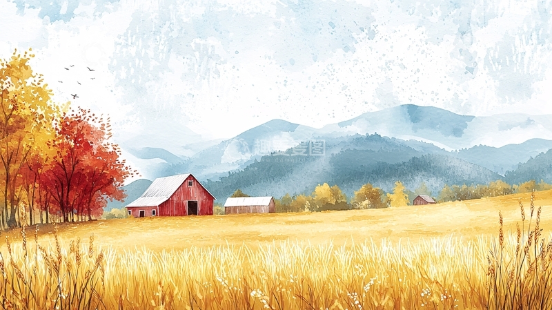 高清大图下载【趣麦麦图】秋日田园红屋场景