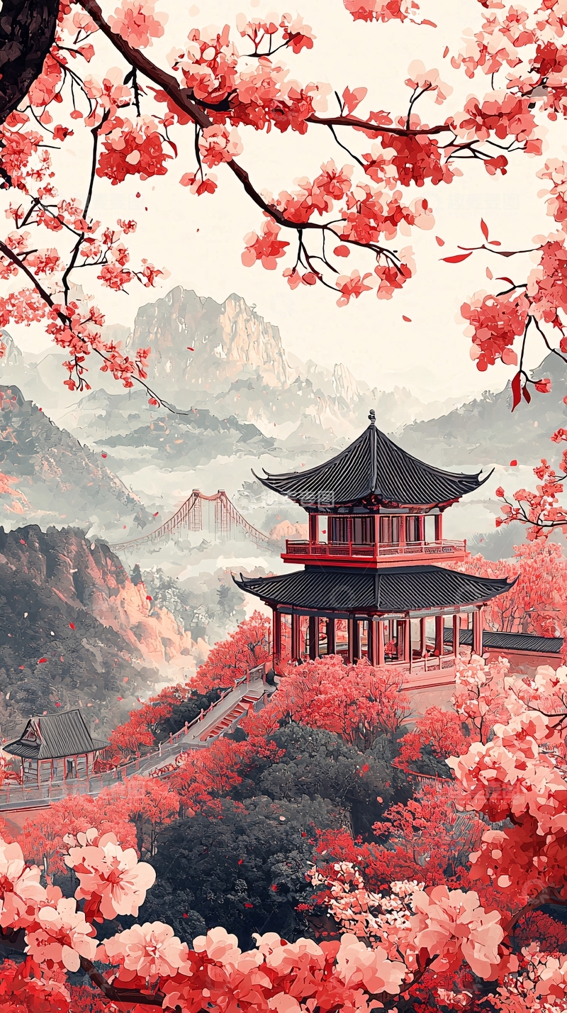 高清大图下载【趣麦麦图】中国风樱花古建筑
