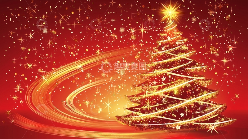 高清大图下载【趣麦麦图】红色背景金色圣诞树