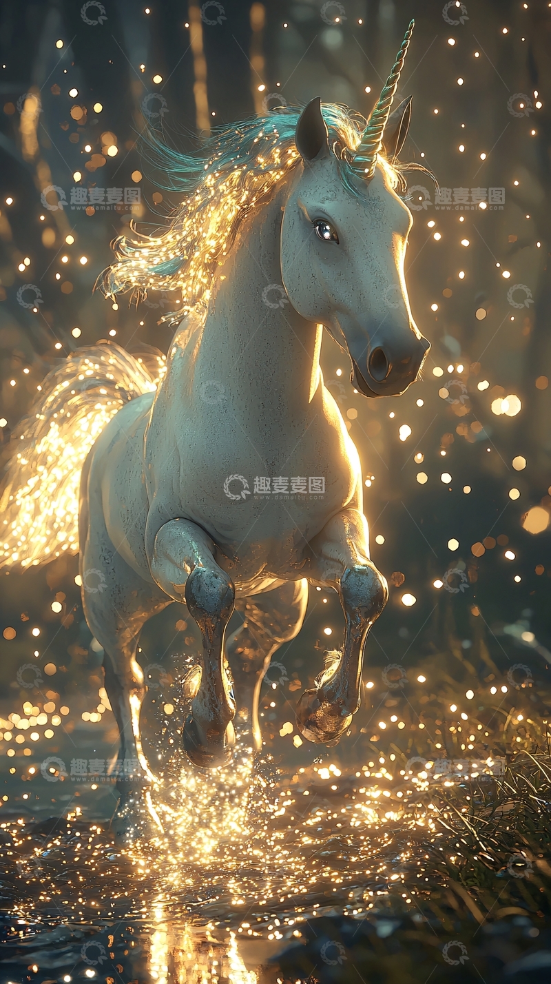 高清大图下载【趣麦麦图】梦幻独角兽森林奔腾
