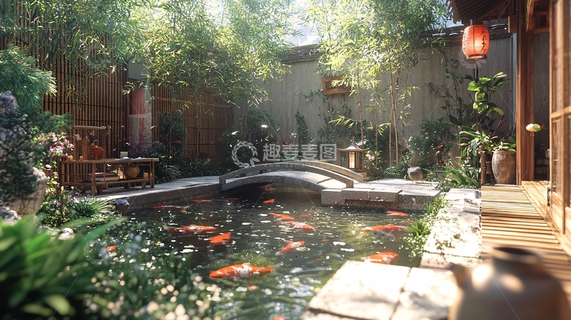 高清大图下载【趣麦麦图】中式庭院锦鲤池塘竹林