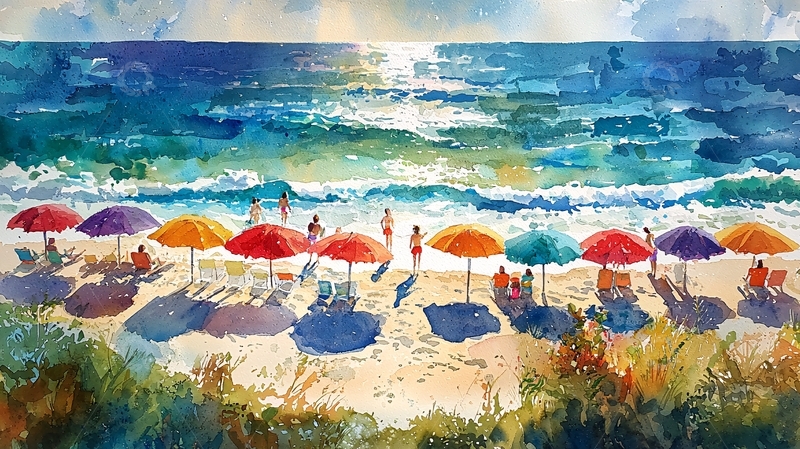 高清大图下载【趣麦麦图】彩色沙滩伞海景图