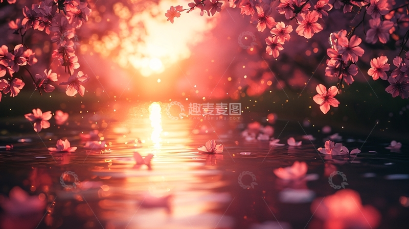高清大图下载【趣麦麦图】落日余晖下的樱花湖
