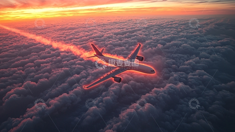 高清大图下载【趣麦麦图】夕阳余晖下的飞机航线