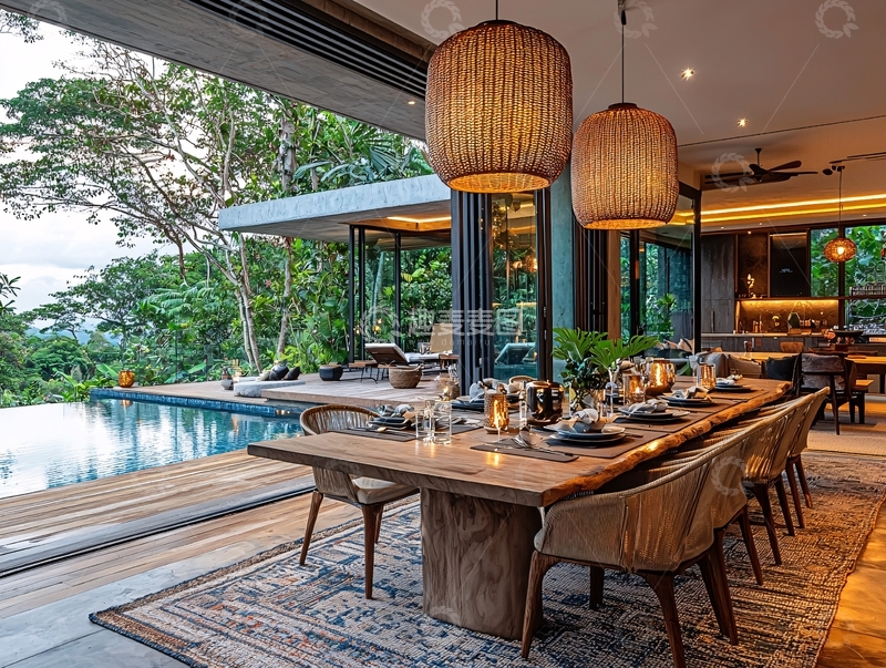 高清大图下载【趣麦麦图】现代简约泳池别墅餐厅