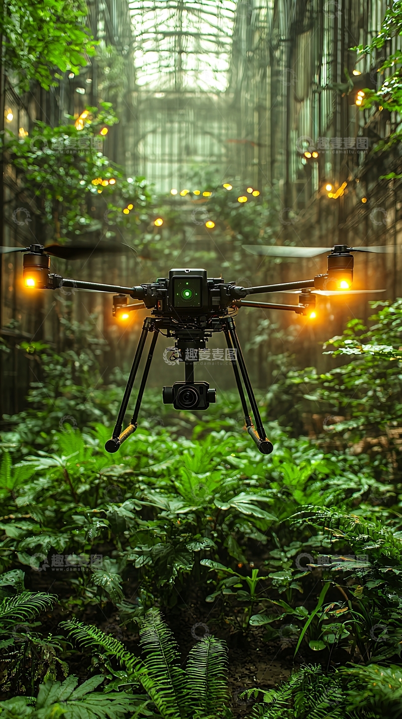 高清大图下载【趣麦麦图】无人机在废墟花园飞行