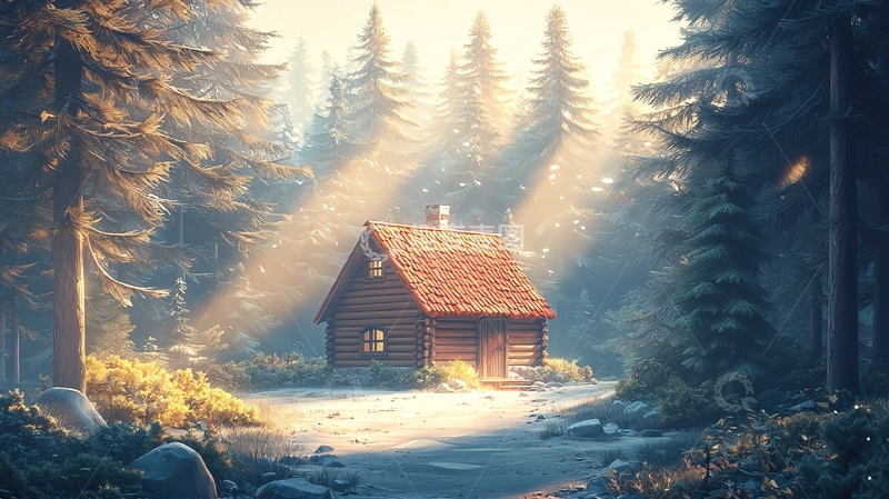 高清大图下载【趣麦麦图】冬日森林小屋