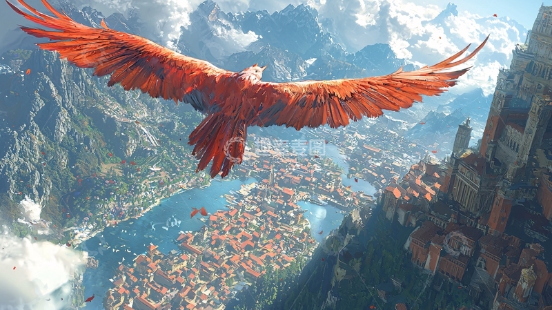 高清大图下载【趣麦麦图】红褐色雄鹰俯瞰山城