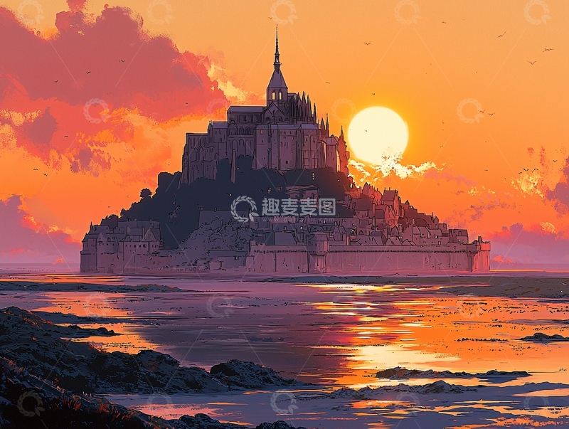 高清大图下载【趣麦麦图】日落下的圣米歇尔山