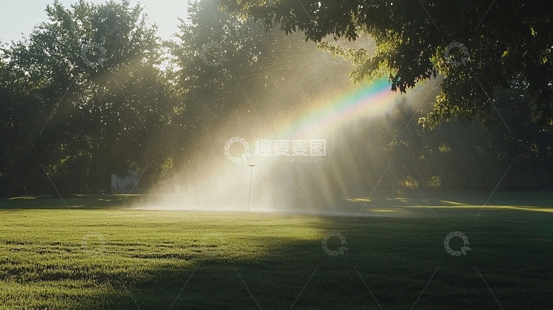 高清大图下载【趣麦麦图】清晨阳光洒在绿地上彩虹